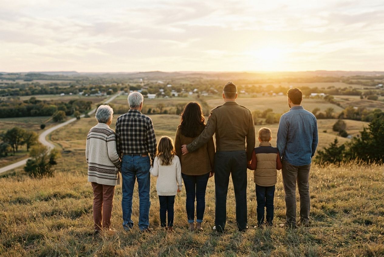 A veteran and his family sitting close together outdoors at golden hour
